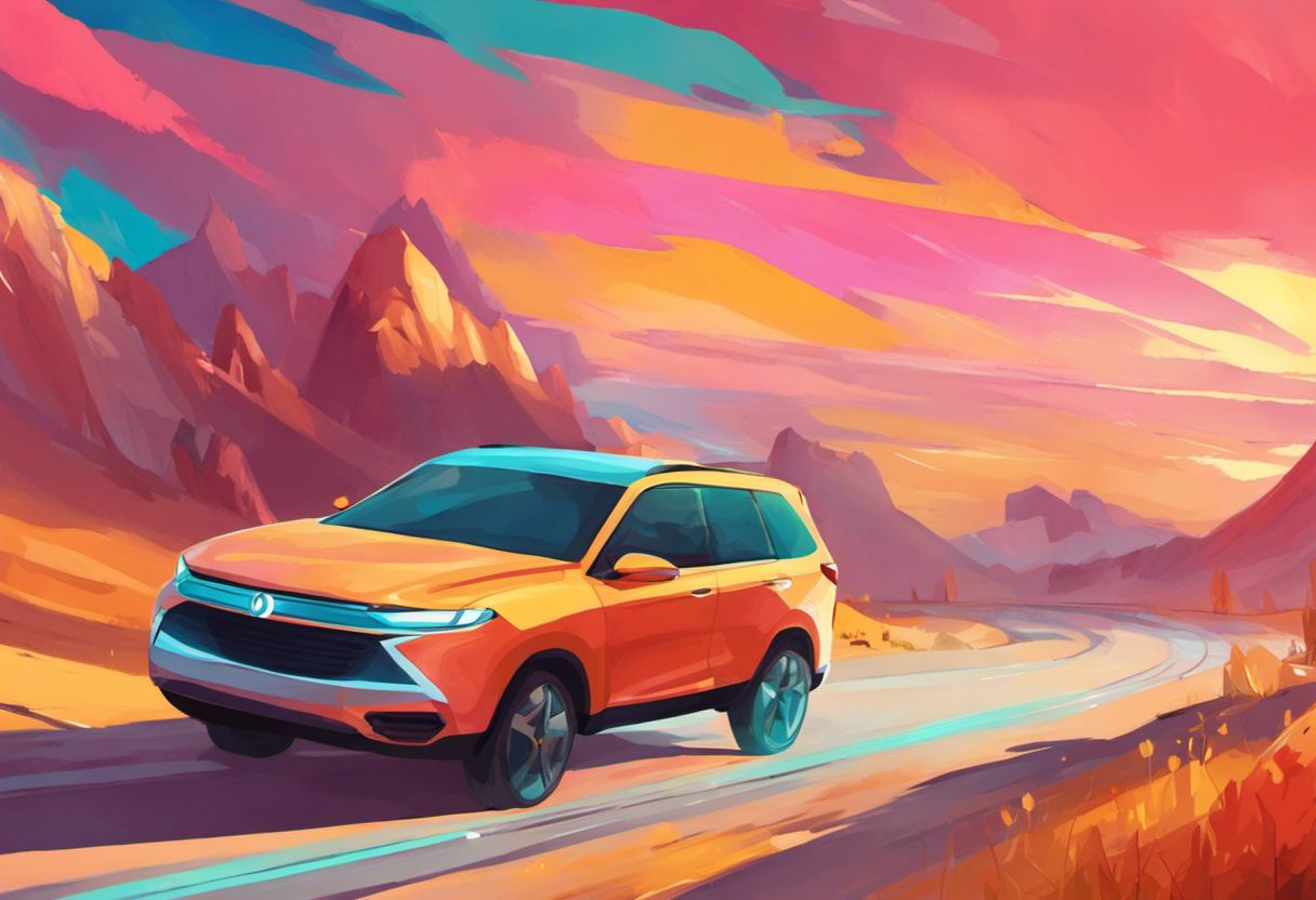 Illustration fille conduisant un SUV, peinture numérique colorée